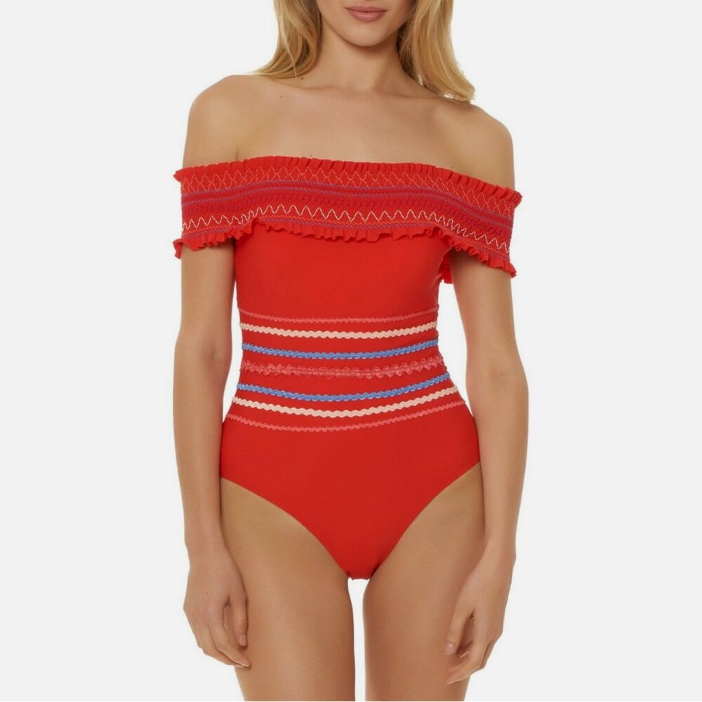 Red Carter Off the Shoulder Embroidered One Piece